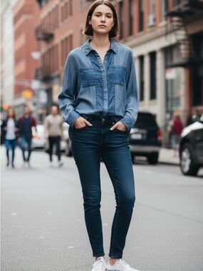 Project Indigo Light Blue Patch Denim Button-Down Shirt - Relaxed Chic Size Med